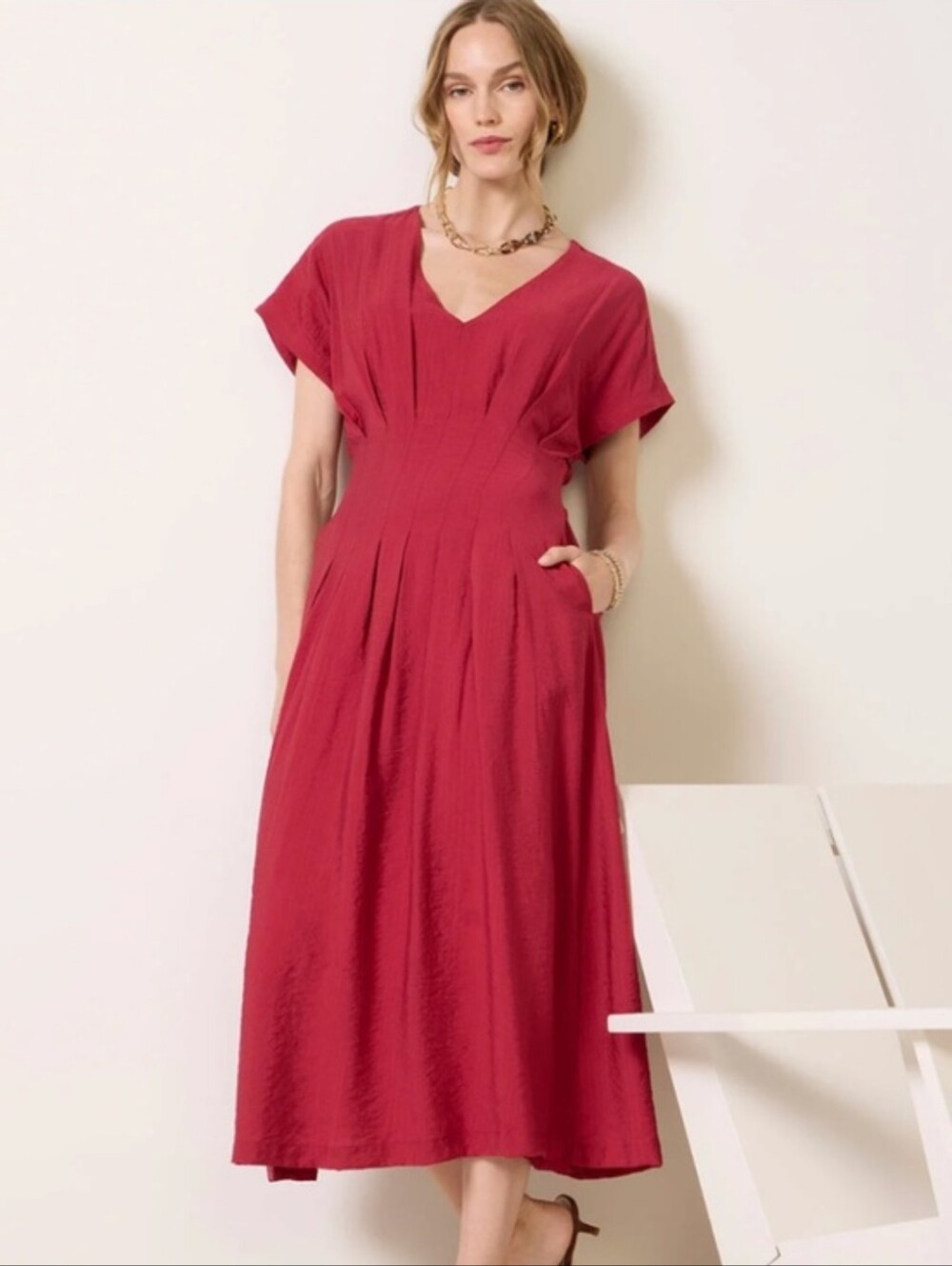 Evereve Rose-Red V-Neck Midi Dress With Pockets _XL
